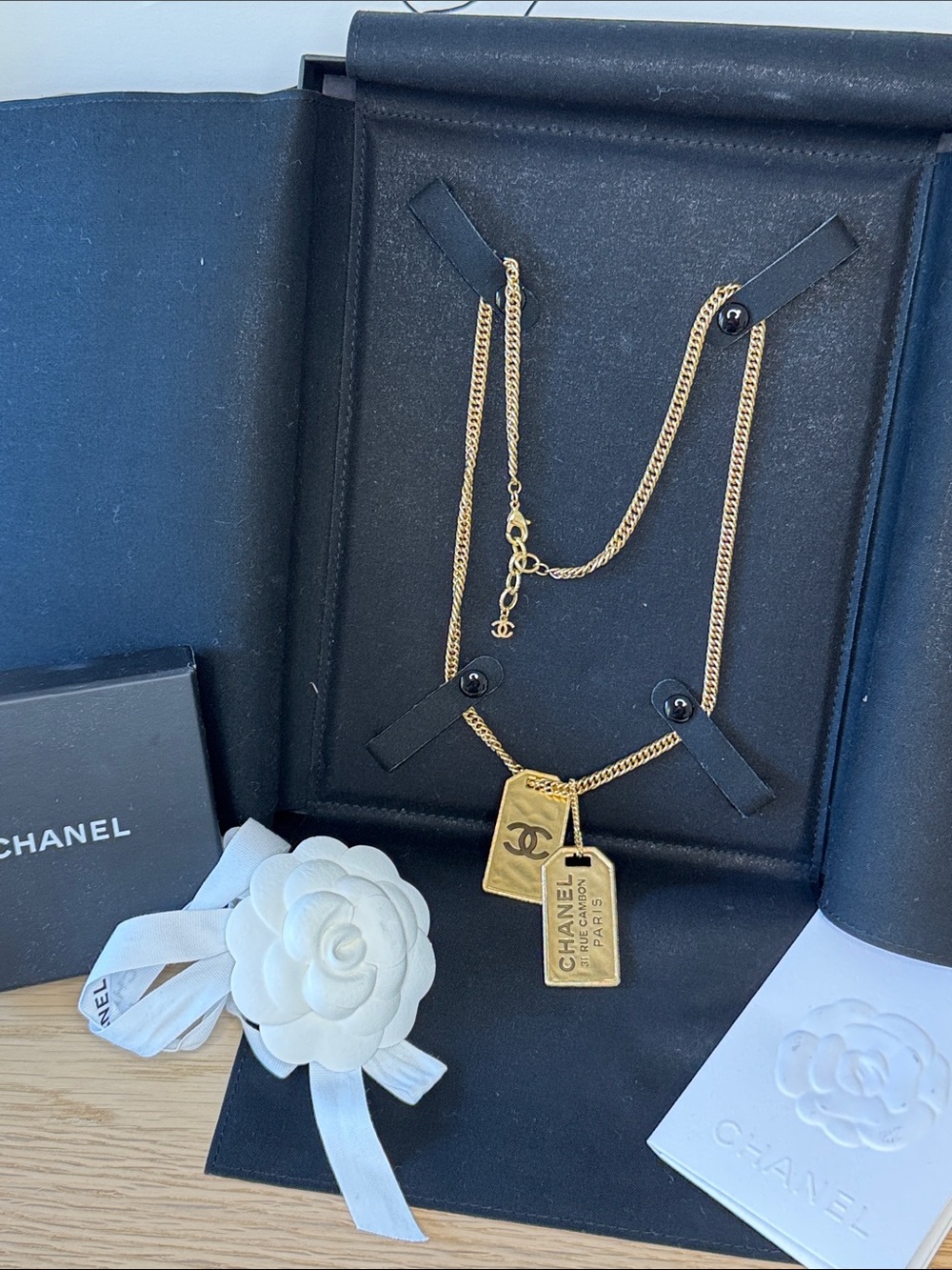 CHANEL Gold Double Dog Tag Pendant Necklace with Signature Logos Full Set